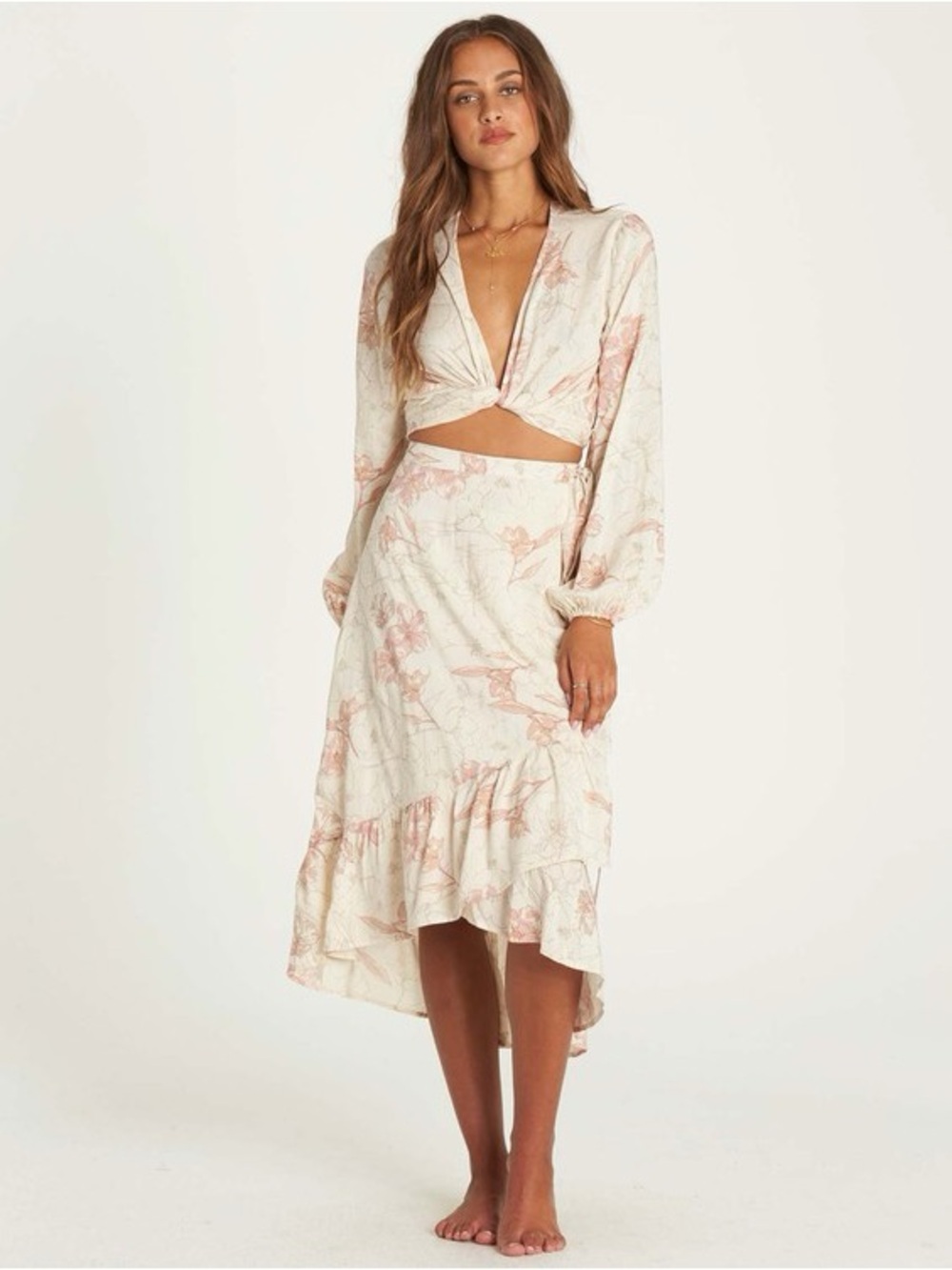 Billabong Dancing Til Dawn Cream High-Low Midi Skirt in Blush Floral